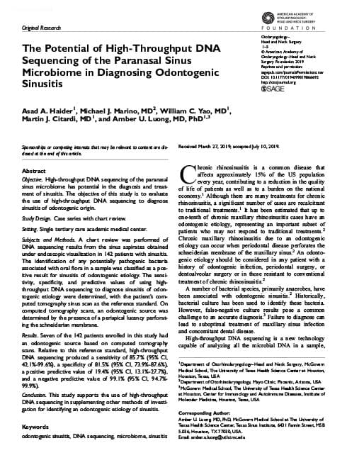 The Potential of High-Throughput DNA Sequencing of the Paranasal Sinus Microbiome in Diagnosing Odontogenic Sinusitispreview image