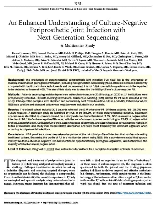 An Enhanced Understanding of Culture-Negative Periprosthetic Joint Infection with Next-Generation Sequencing: A Multicenter Studypreview image