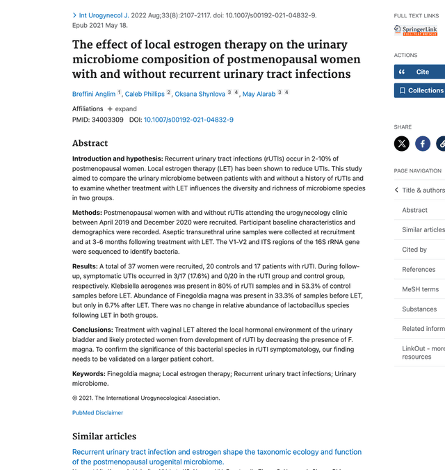 The effect of local estrogen therapy on the urinary microbiome composition of postmenopausal women with and without recurrent urinary tract infectionspreview image