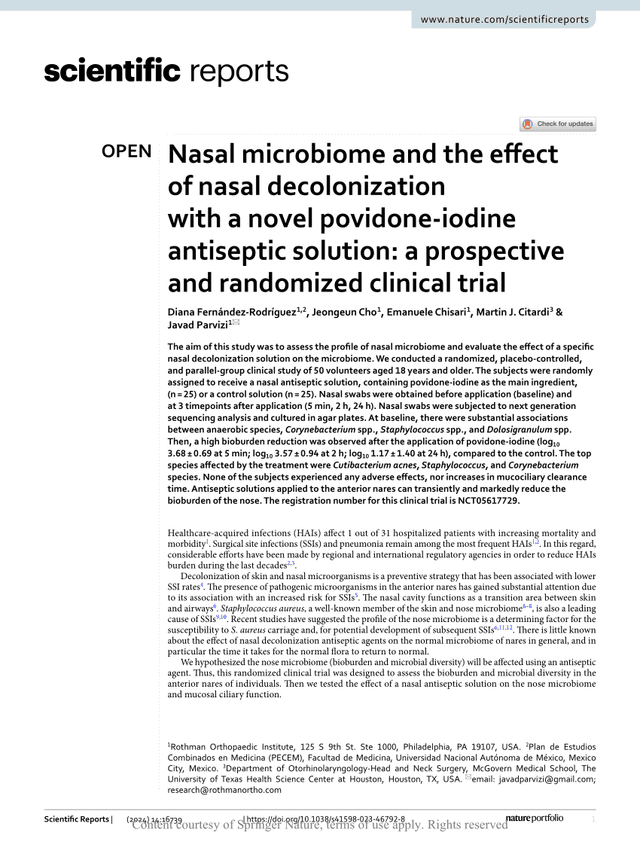 Nasal microbiome and the effect of nasal decolonization with a novel povidone-iodine antiseptic solution: a prospective and randomized clinical trialpreview image