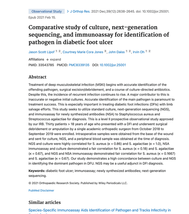 Comparative study of culture, next-generation sequencing, and immunoassay for identification of pathogen in diabetic foot ulcerpreview image