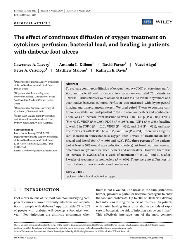 The effect of continuous diffusion of oxygen treatment on cytokines, perfusion, bacterial load, and healing in patients with diabetic foot ulcerspreview image
