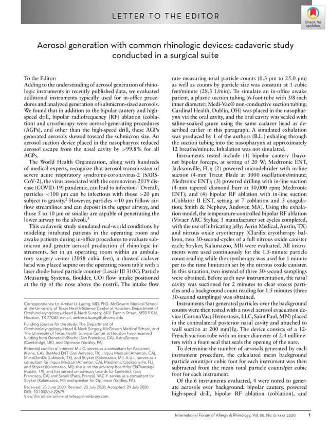 Aerosol generation with common rhinologic devices - cadaveric study conducted in a surgical suitepreview image