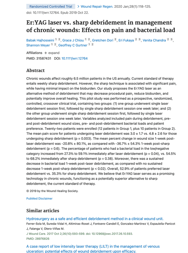 Er-YAG laser vs. sharp debridement in management of chronic wounds - Effects on pain and bacterial loadpreview image