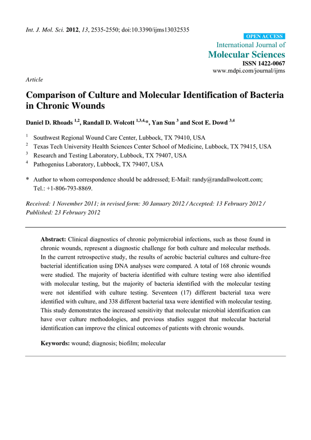 Comparison of Culture and Molecular Identification of Bacteria in Chronic Woundspreview image