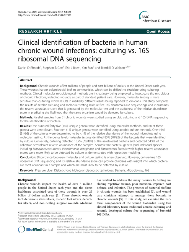 Clinical identification of bacteria in human chronic wound infections - culturing vs. 16S ribosomal DNA sequencingpreview image