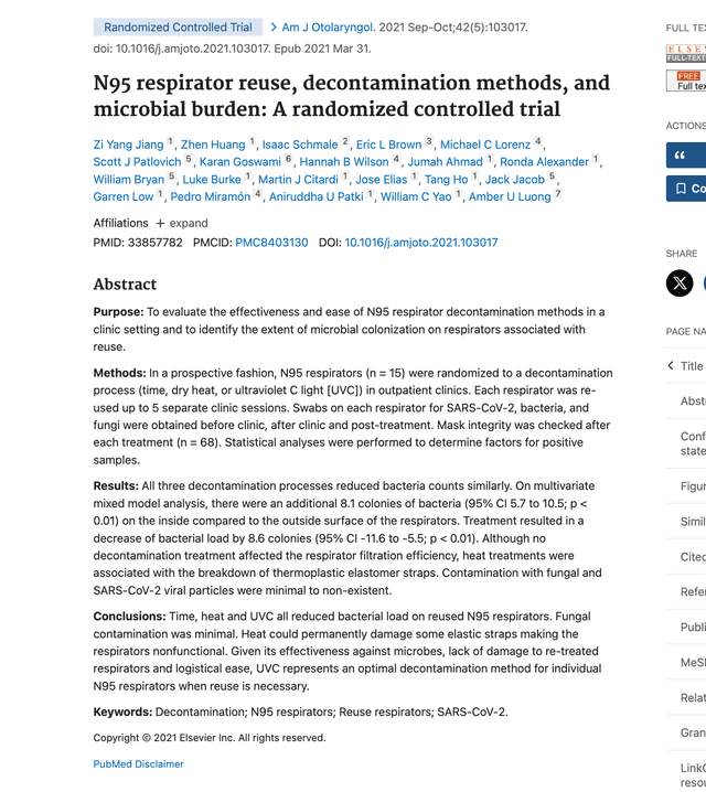 N95 respirator reuse, decontamination methods, and microbial burden - A randomized controlled trialpreview image