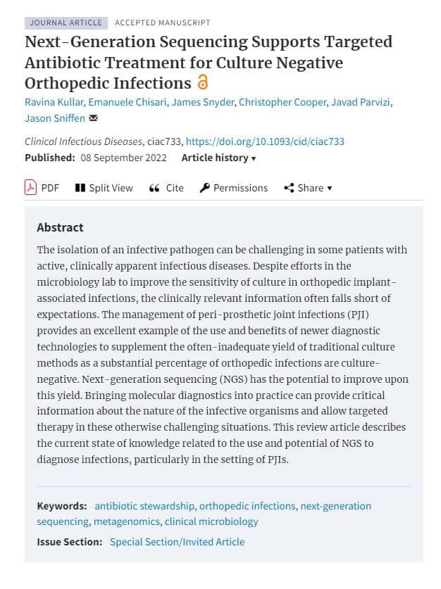Next-Generation Sequencing Supports Targeted Antibiotic Treatment for Culture Negative Orthopedic Infectionspreview image